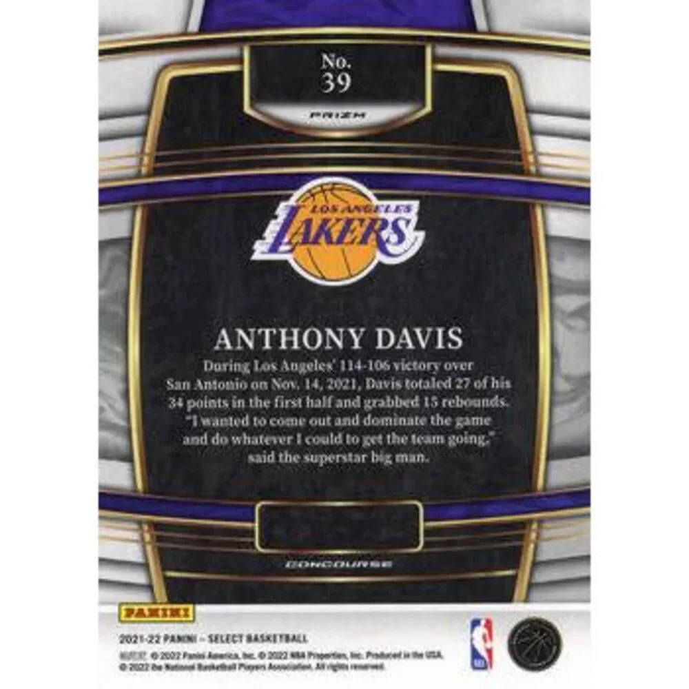 2021-22 Panini Select Anthony Davis Blue Prizm #39 Los Angeles Lakers